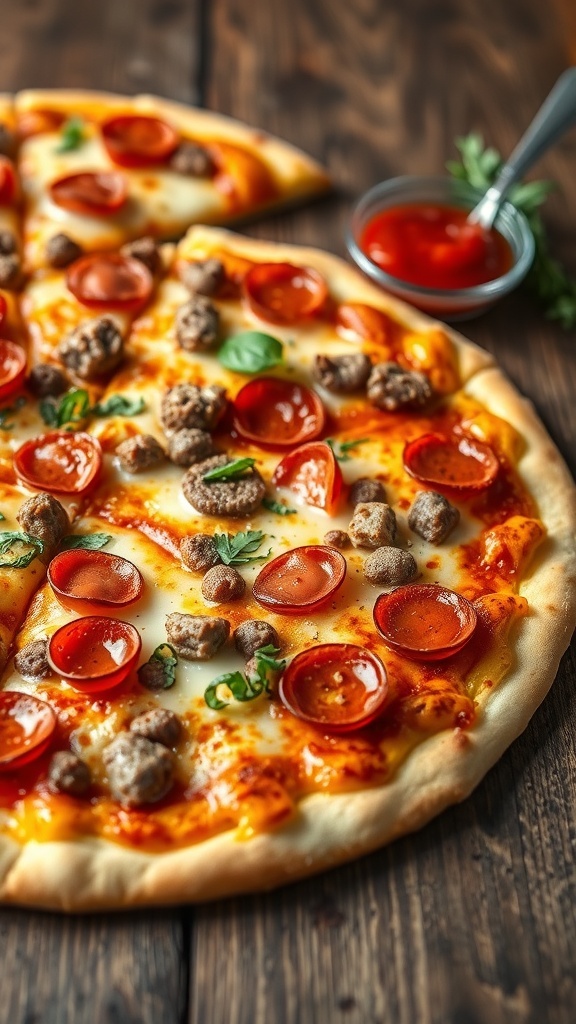Meat-Based Carnivore Pizza Crust Recipe A meat-based pizza crust topped with cheese and various meats, served on a wooden table.